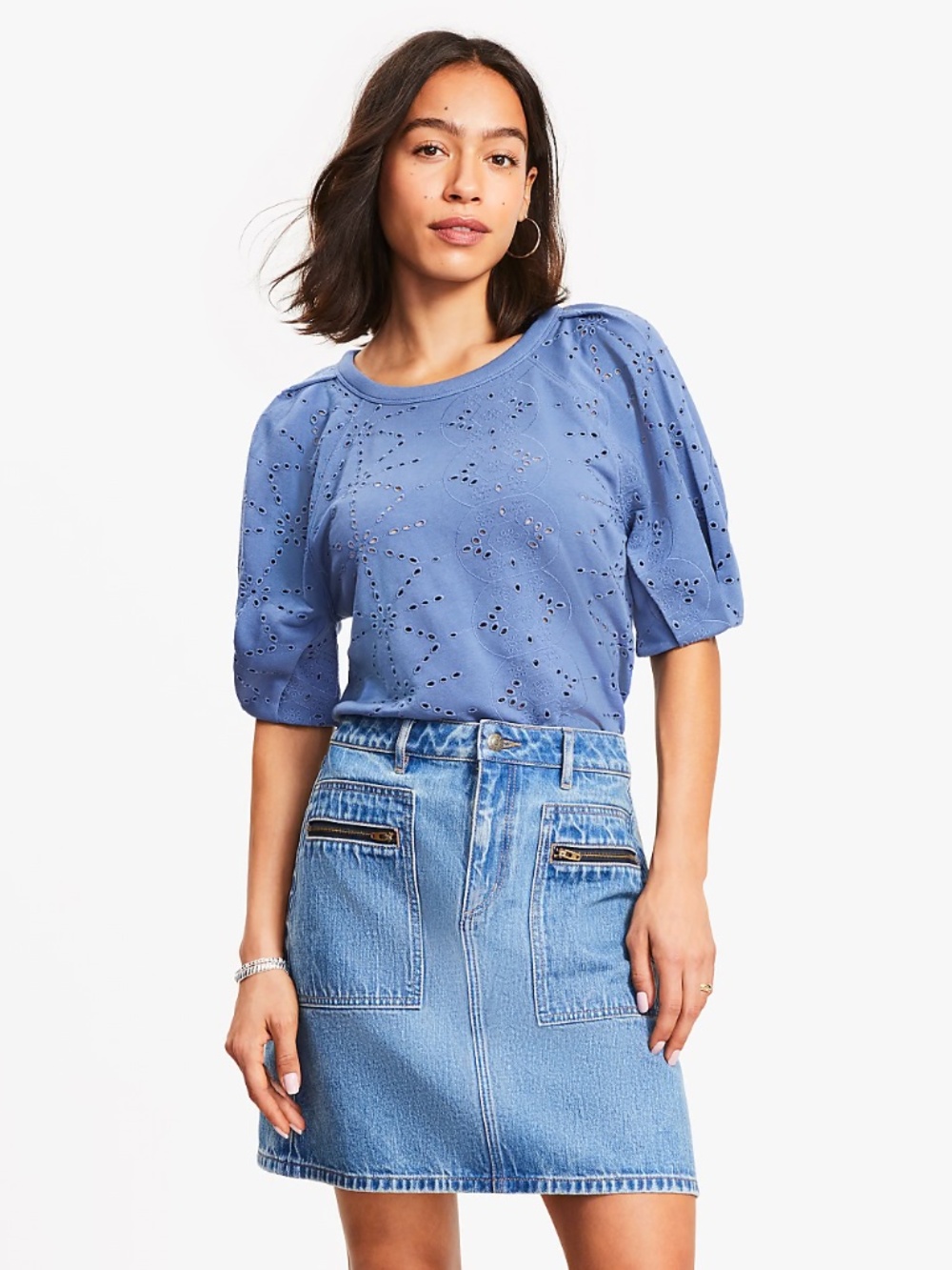 LOFT Periwinkle Eyelet Short Sleeve Top